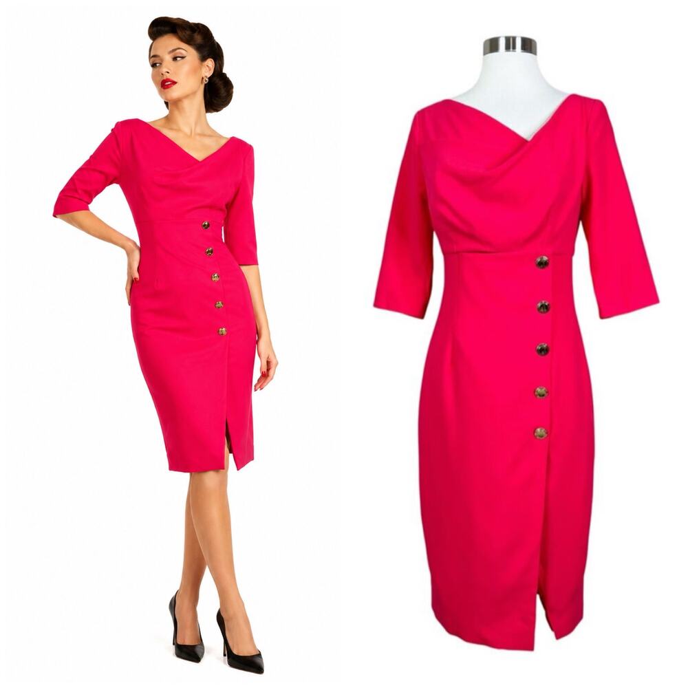 NEW Black Halo | Edeline Hot Pink Draped Button Sheath Designer Classy Dress NWT